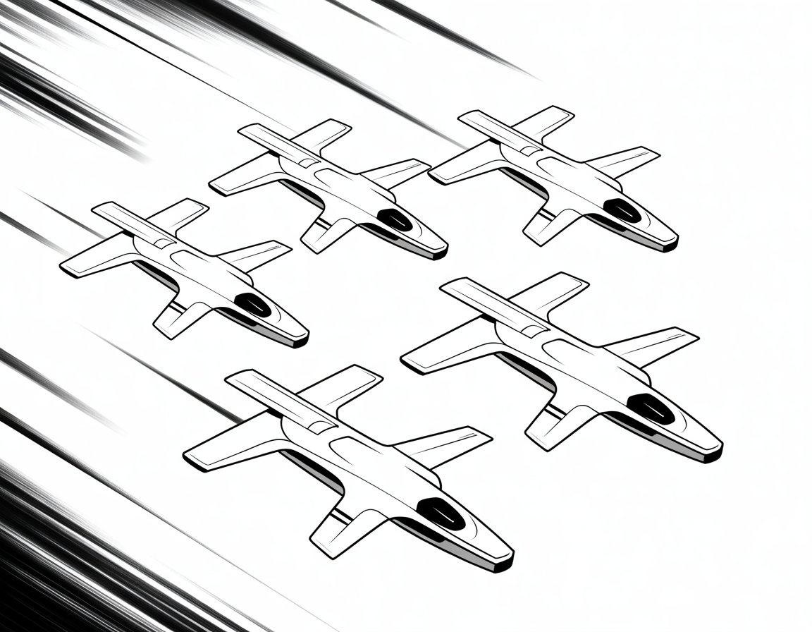 Tight PROHTEK drone formation against a bright field.